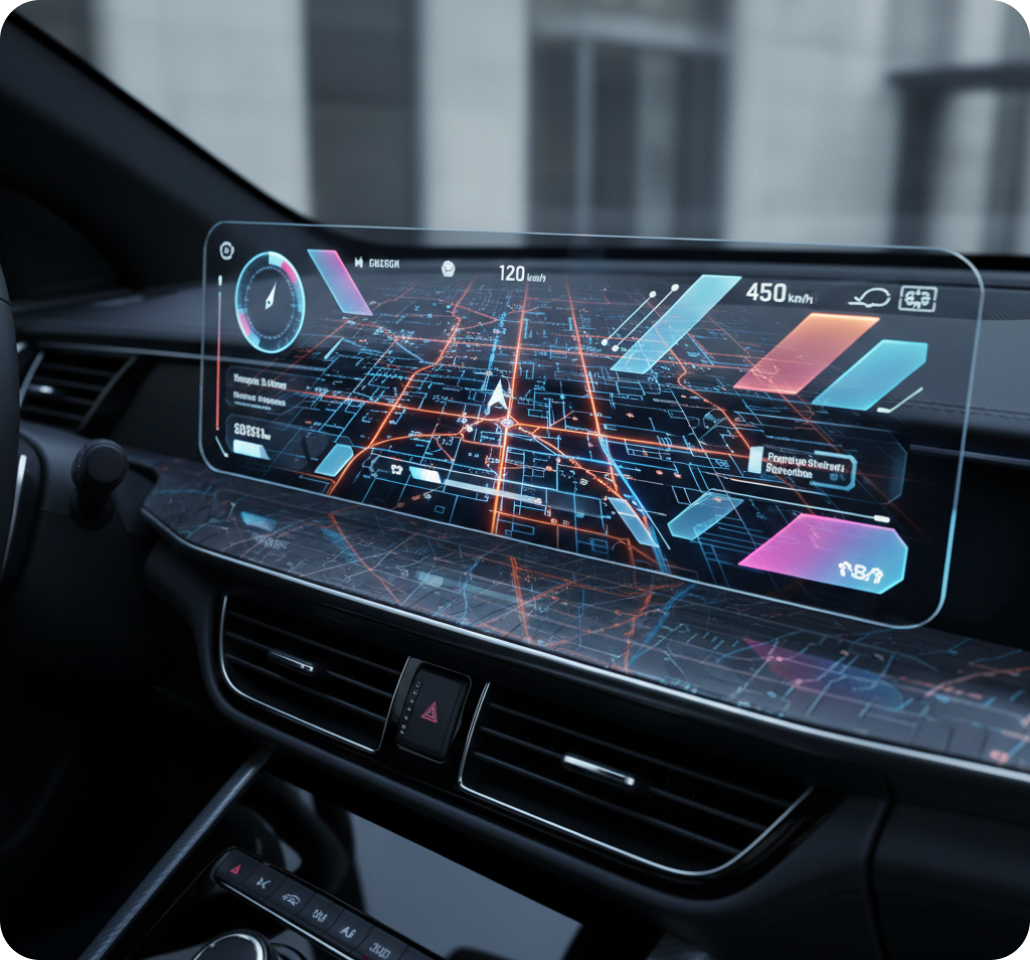 Modern car interior with a digital navigation dashboard