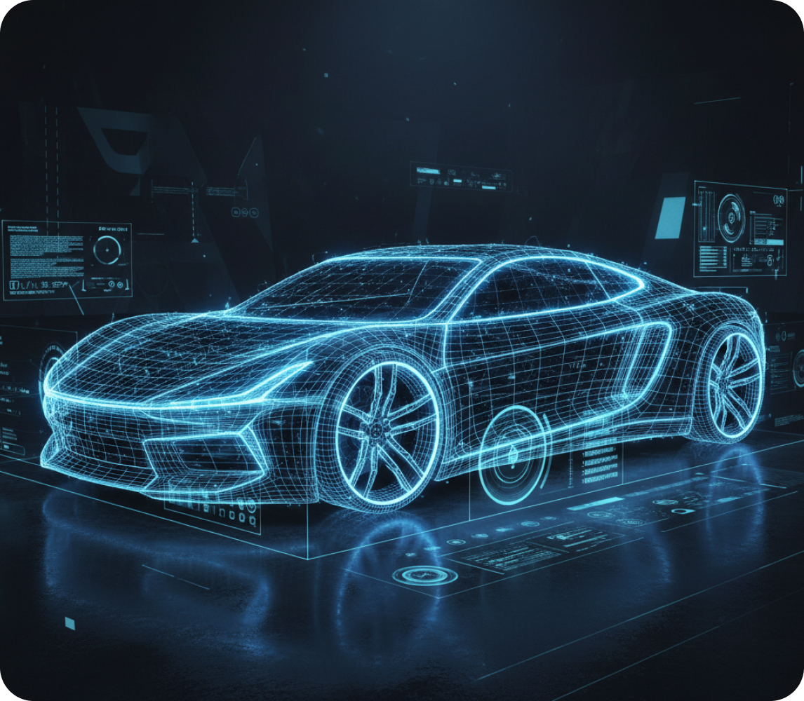 Glowing blue digital wireframe of a sports car