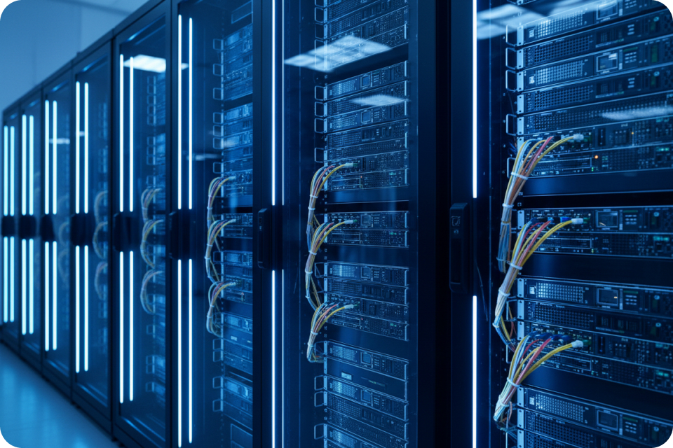Rows of data center server racks with network cabling